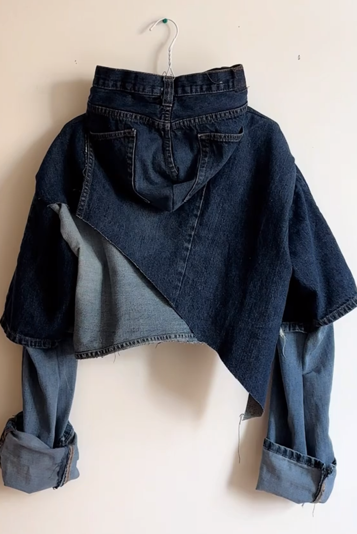 Irregular denim patchwork cropped hoodie