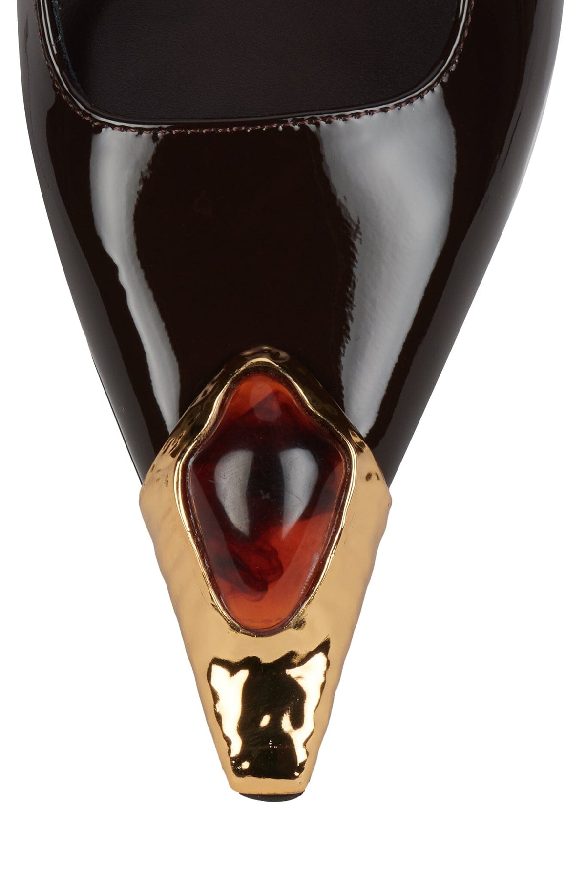 Slingback pump with metal toe-cap and jeweled ornament