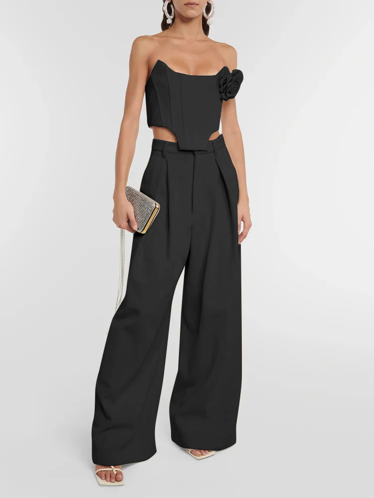 Three-dimensional flower herringbone tube top straight trousers two-piece set