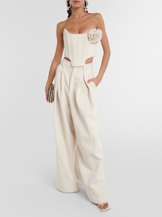 Three-dimensional flower herringbone tube top straight trousers two-piece set