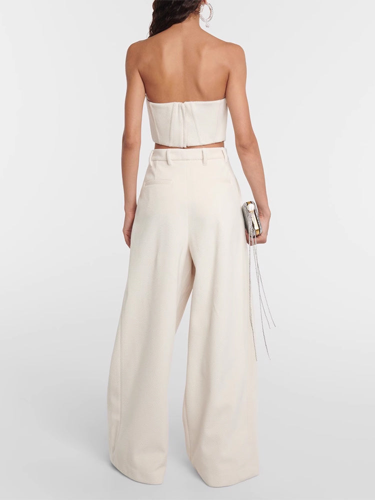 Three-dimensional flower herringbone tube top straight trousers two-piece set