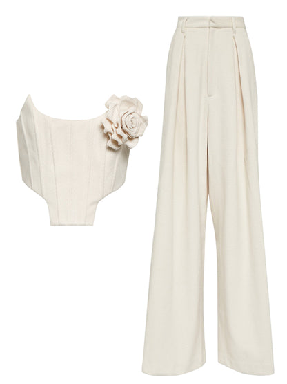Three-dimensional flower herringbone tube top straight trousers two-piece set