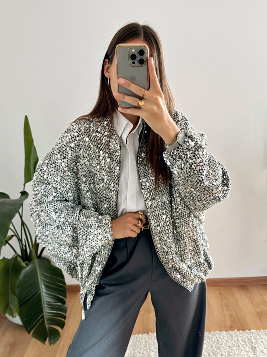 Silver sequined bomber jacket