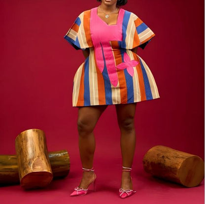 Embroidered patchwork belted dress