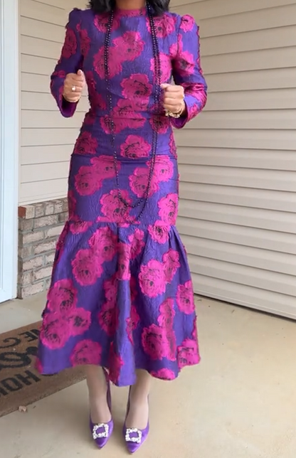 Purple Rose Formal Evening 3D Jacquard Mermaid Dress