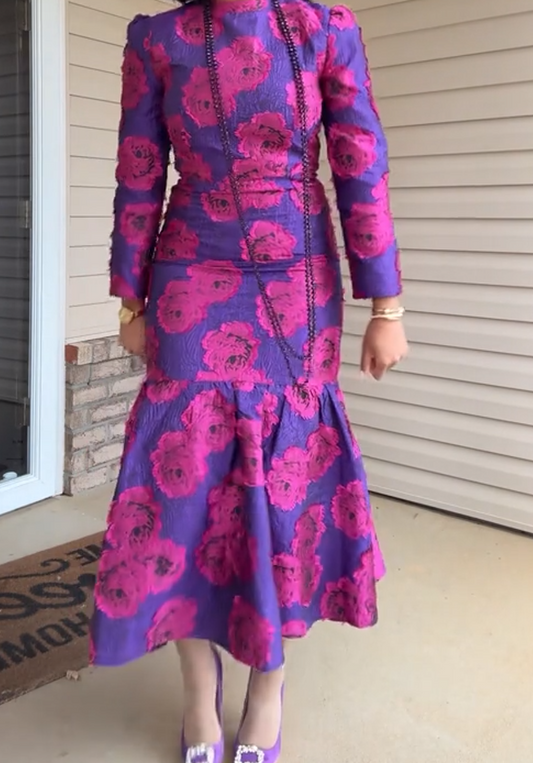 Purple Rose Formal Evening 3D Jacquard Mermaid Dress