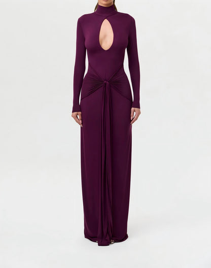 Slim-fit, waist-cinching, knotted solid color long-sleeved dress