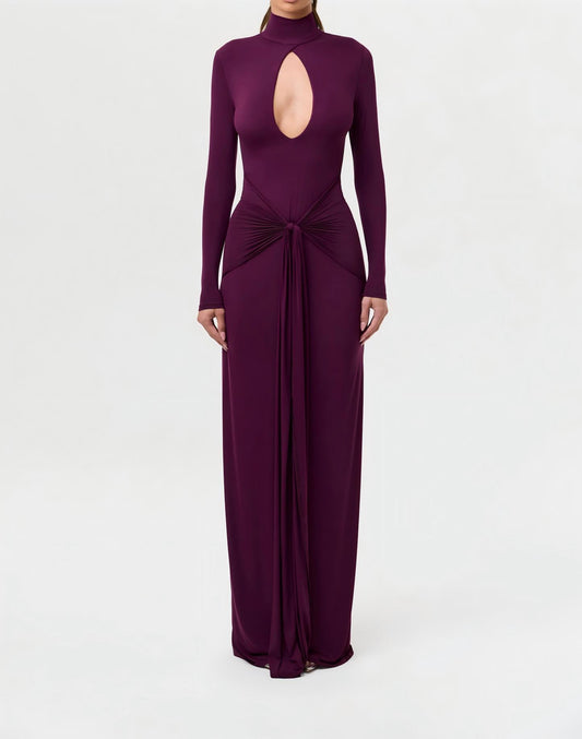 Slim-fit, waist-cinching, knotted solid color long-sleeved dress