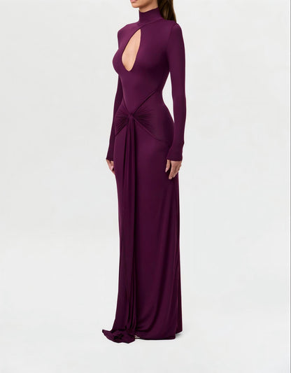 Slim-fit, waist-cinching, knotted solid color long-sleeved dress
