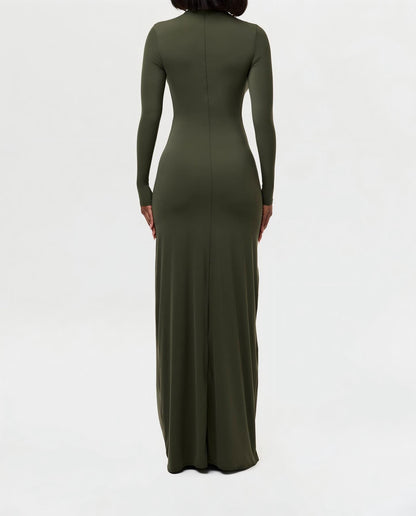 Slim-fit, waist-cinching, knotted solid color long-sleeved dress