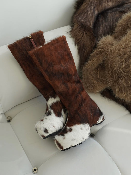 Handmade genuine leather felt high-heeled boots