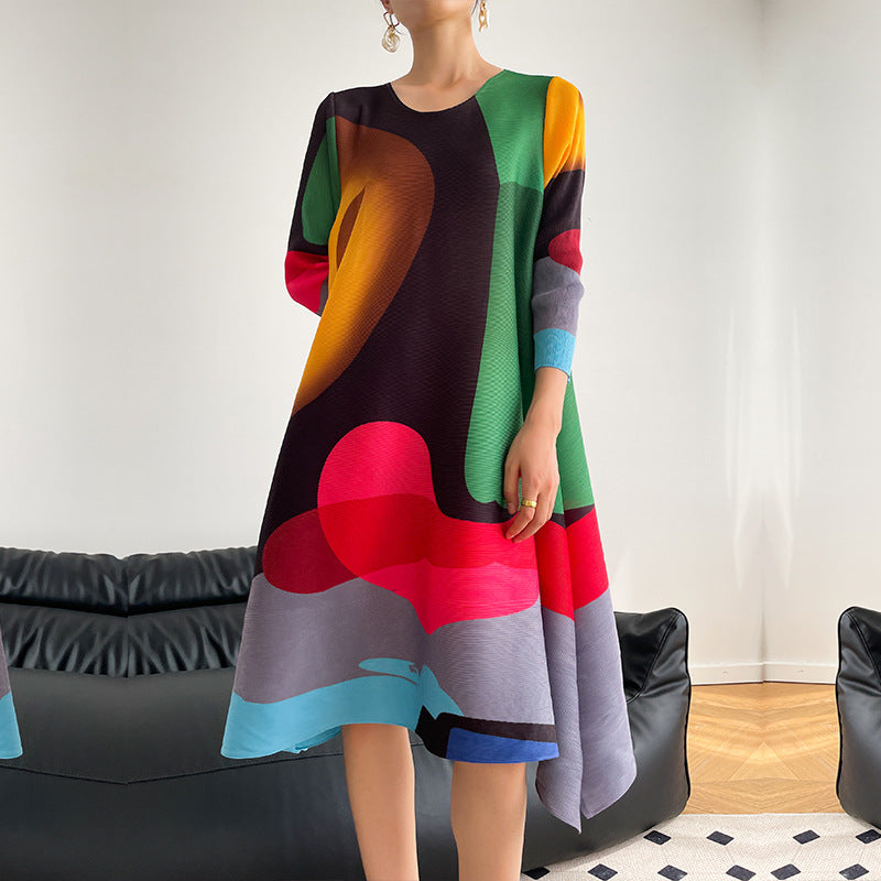 Pleated Print Skirt A-line Full Skirt