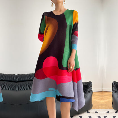 Pleated Print Skirt A-line Full Skirt