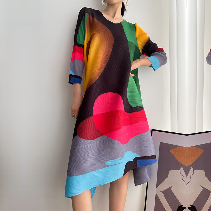 Pleated Print Skirt A-line Full Skirt