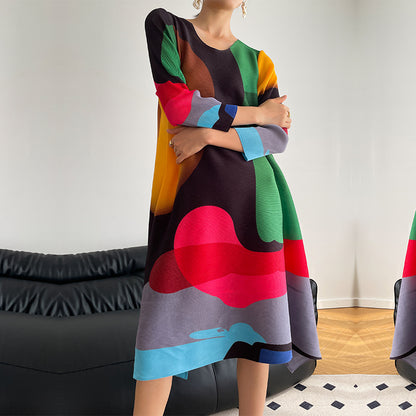 Pleated Print Skirt A-line Full Skirt