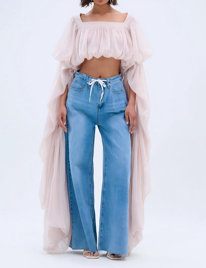 Loose-fitting off-shoulder long-sleeved shirt