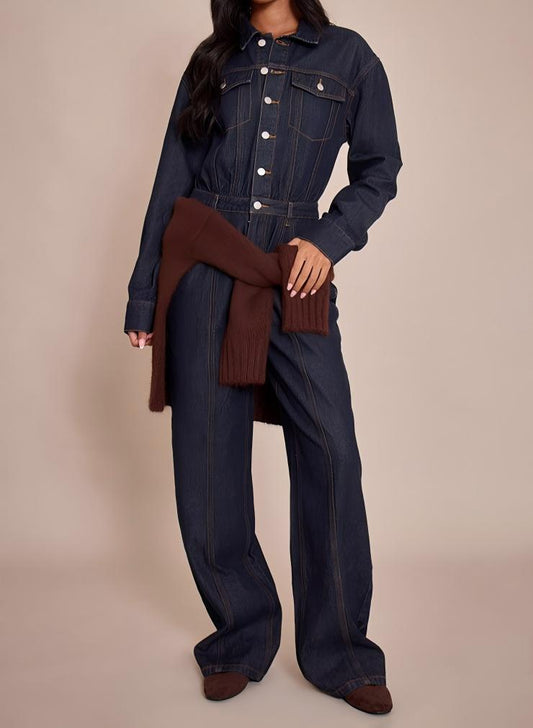 Color-blocked stitched long-sleeved denim jumpsuit