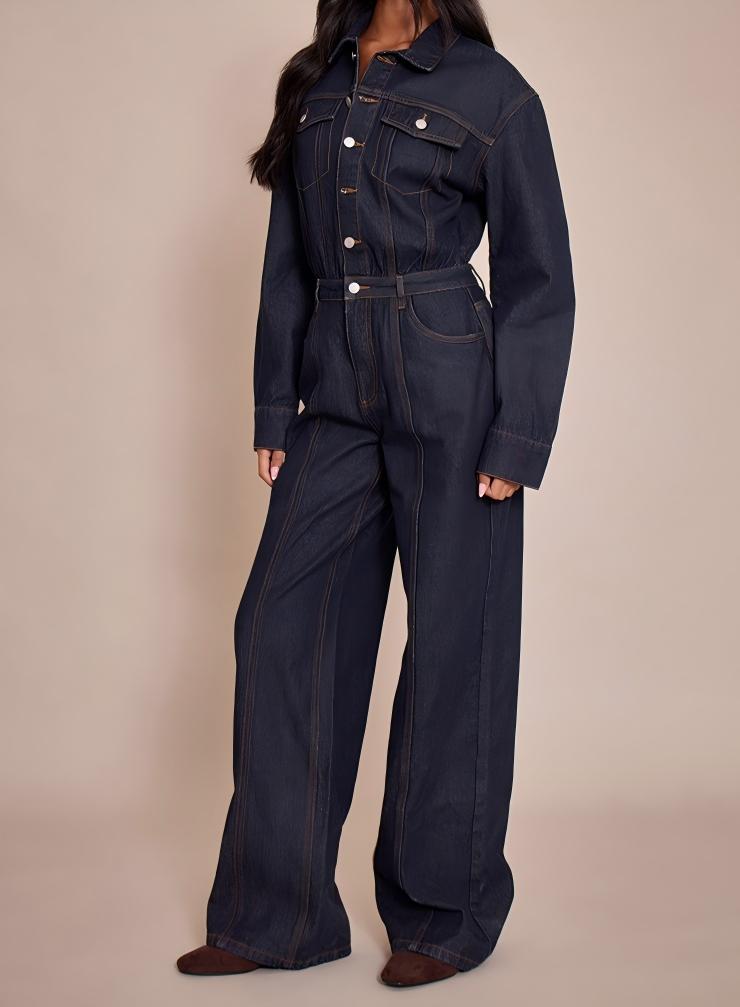 Color-blocked stitched long-sleeved denim jumpsuit