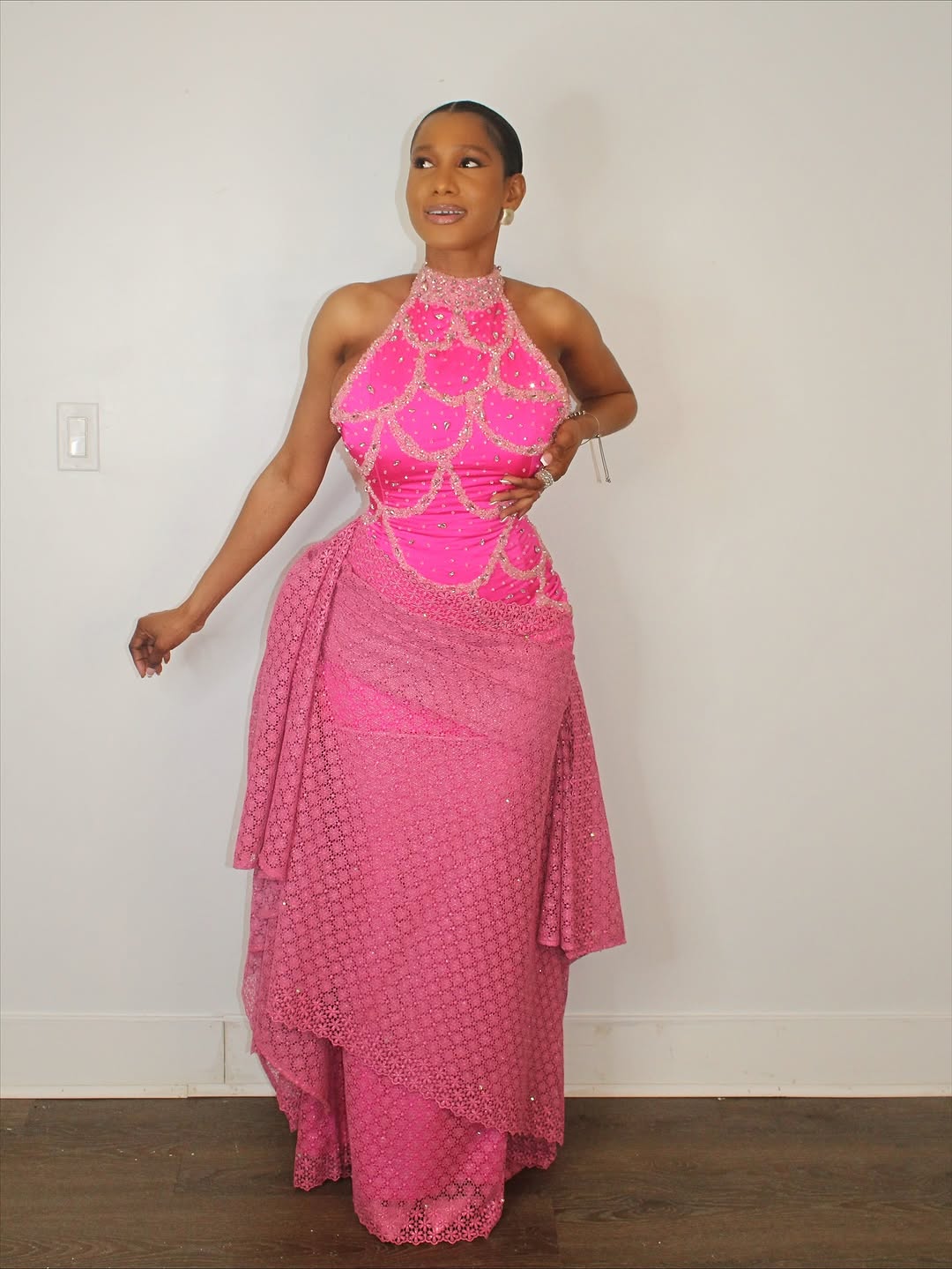 Pink halter neck belted dress