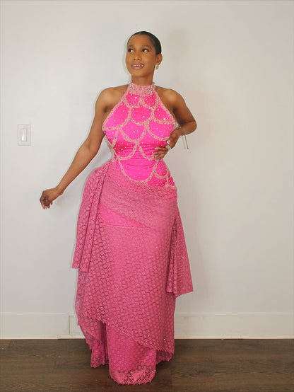 Pink halter neck belted dress