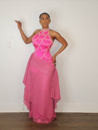 Pink halter neck belted dress