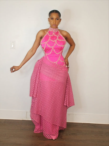 Pink halter neck belted dress