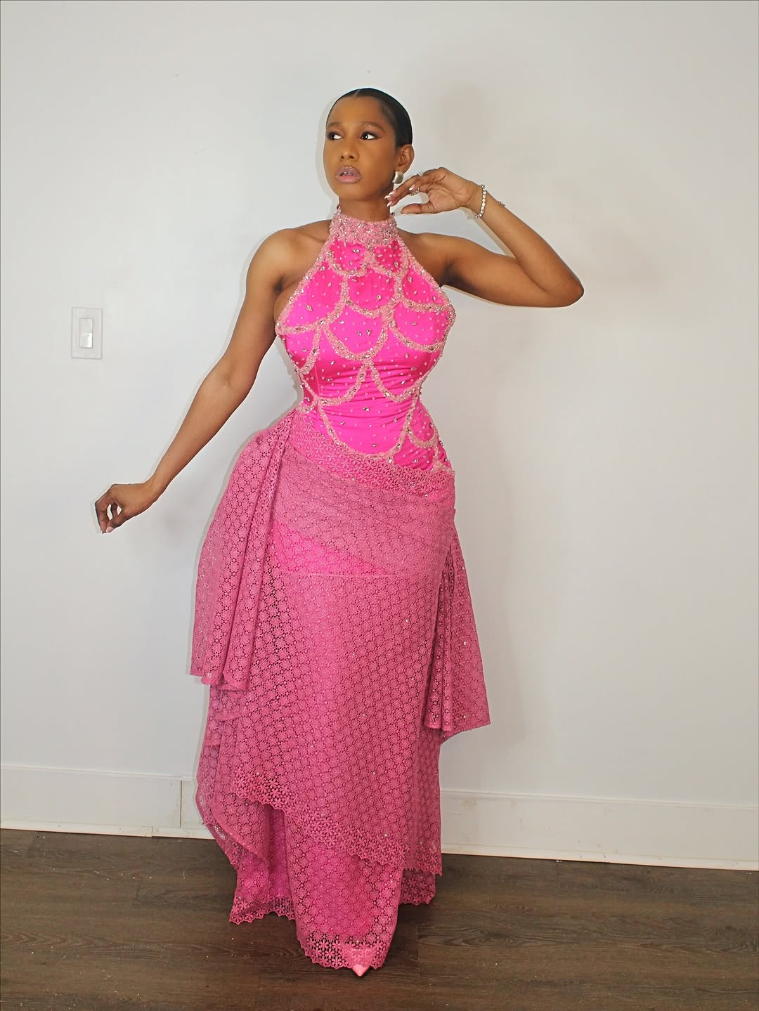 Pink halter neck belted dress