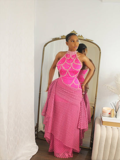 Pink halter neck belted dress