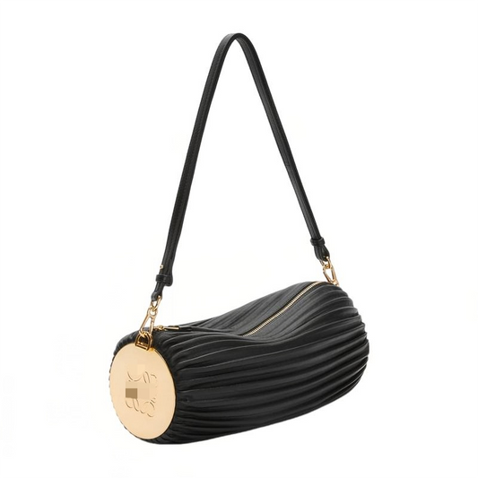 Women's shoulder bag, multi-functional tubular pleated Nappa leather with metal plaque.