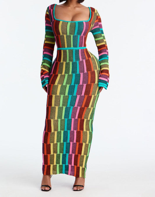 Colorful long-sleeved stretch dress