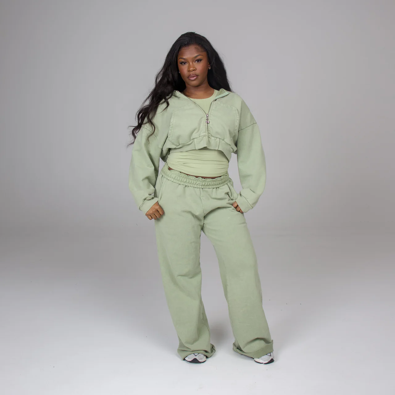 Short zip-up hoodie + flared sweatpants set