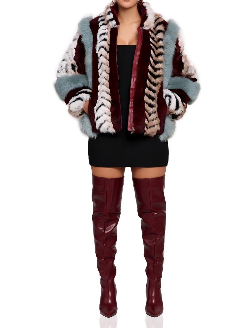 Multi-color patchwork plush fur coat