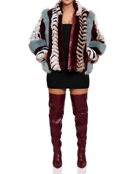 Multi-color patchwork plush fur coat