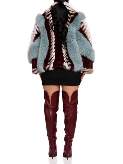 Multi-color patchwork plush fur coat