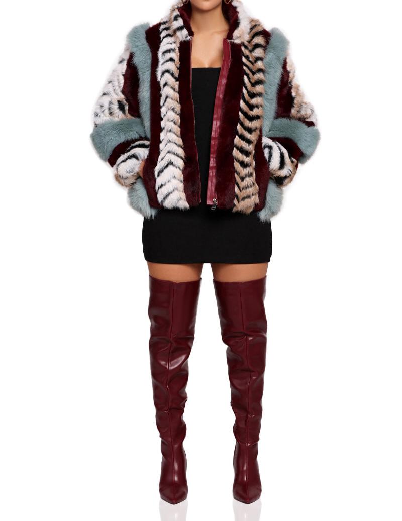 Multi-color patchwork plush fur coat