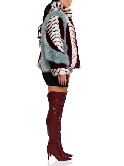 Multi-color patchwork plush fur coat