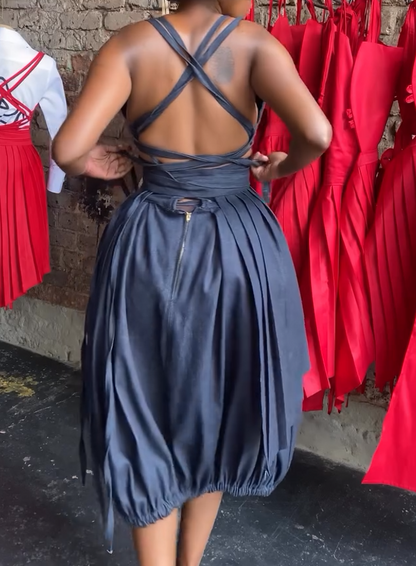 Denim bubble skirt two-piece set
