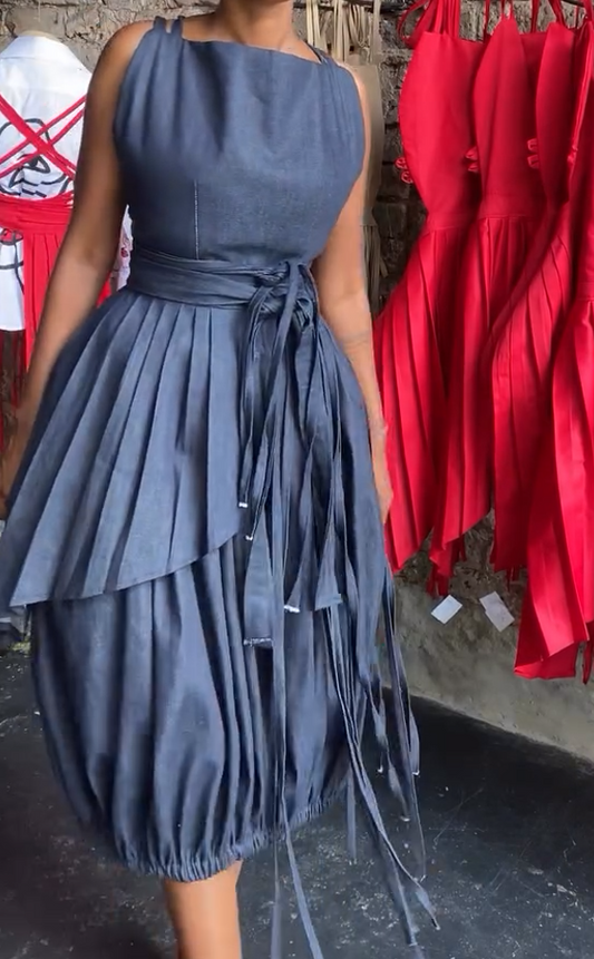 Denim bubble skirt two-piece set