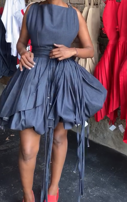 Denim bubble skirt two-piece set
