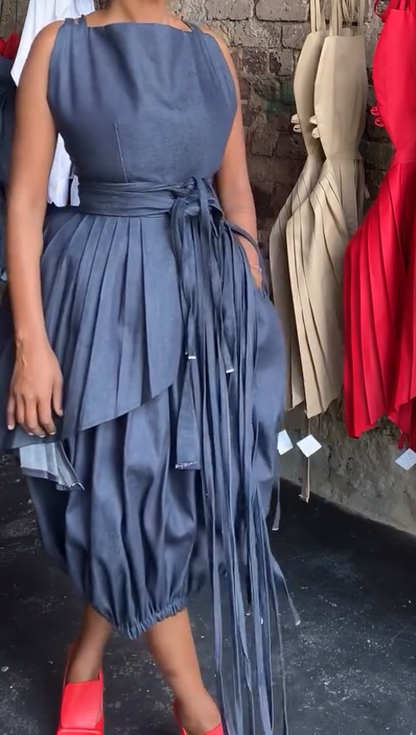 Denim bubble skirt two-piece set