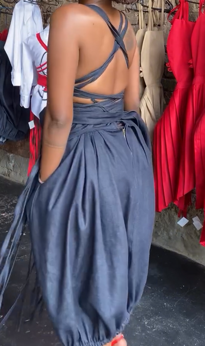Denim bubble skirt two-piece set