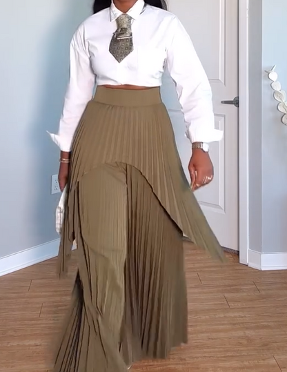 Short-sleeved shirt + pleated straight-leg pants set
