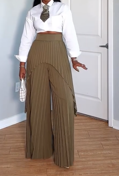 Short-sleeved shirt + pleated straight-leg pants set