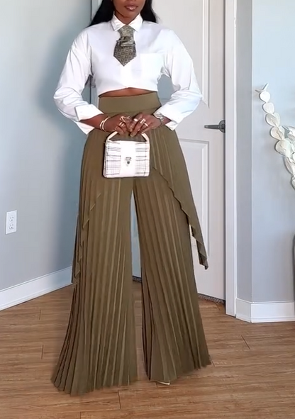 Short-sleeved shirt + pleated straight-leg pants set