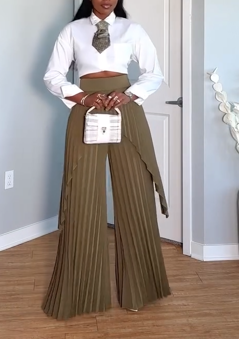 Short-sleeved shirt + pleated straight-leg pants set