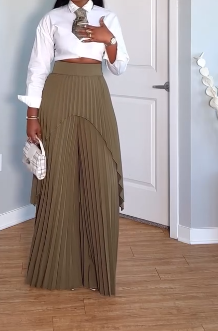 Short-sleeved shirt + pleated straight-leg pants set
