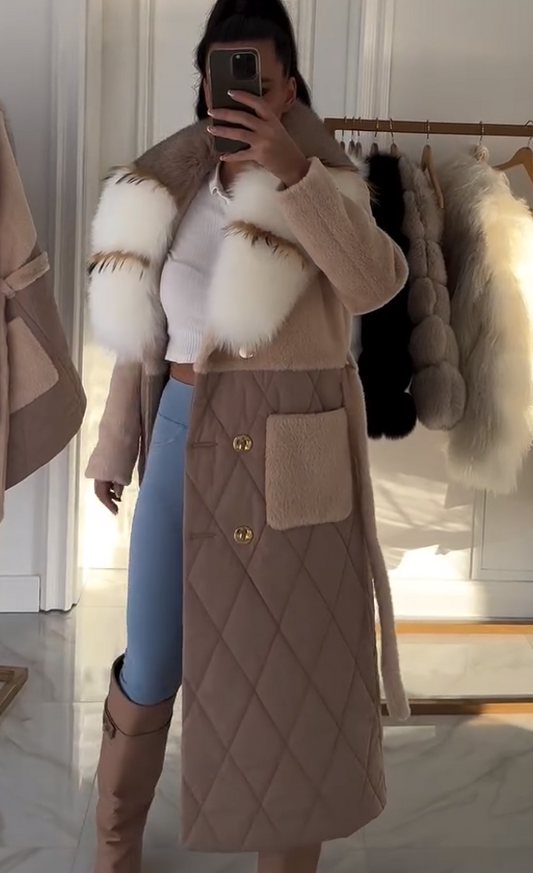 Women's long faux fur coat with large lapel