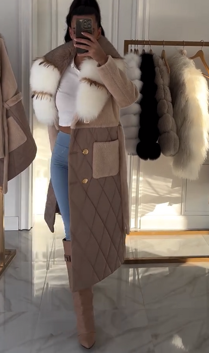 Women's long faux fur coat with large lapel