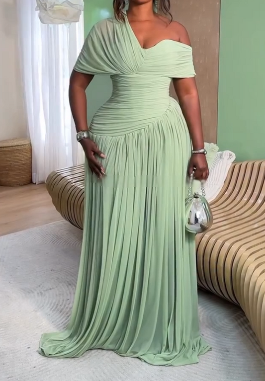 Off-shoulder belted long dress