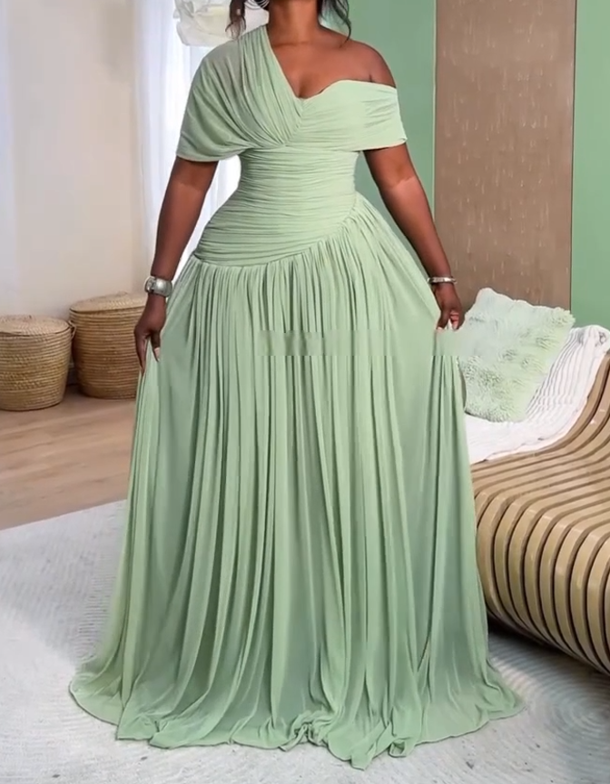 Off-shoulder belted long dress